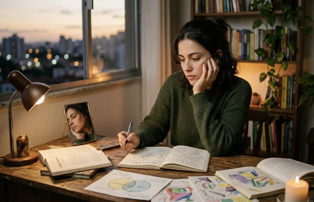 Mulher a escrever e a refletir à secretária ao fim do dia, rodeada de livros e de esquemas de autoconhecimento.