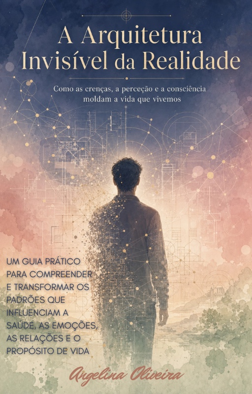 Capa do e-book «A Arquitetura Invisível da Realidade», de Angelina Oliveira: silhueta de uma pessoa de costas a dissolver-se numa rede de linhas e pontos de luz.