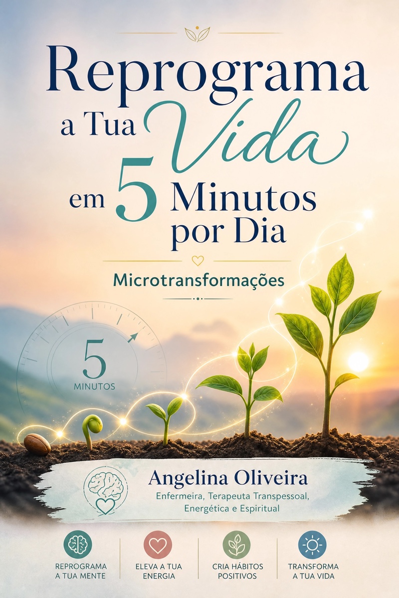 Capa do e-book «Reprograma a Tua Vida em 5 Minutos por Dia — Microtransformações», de Angelina Oliveira: três plantas a crescer da terra ao nascer do sol.