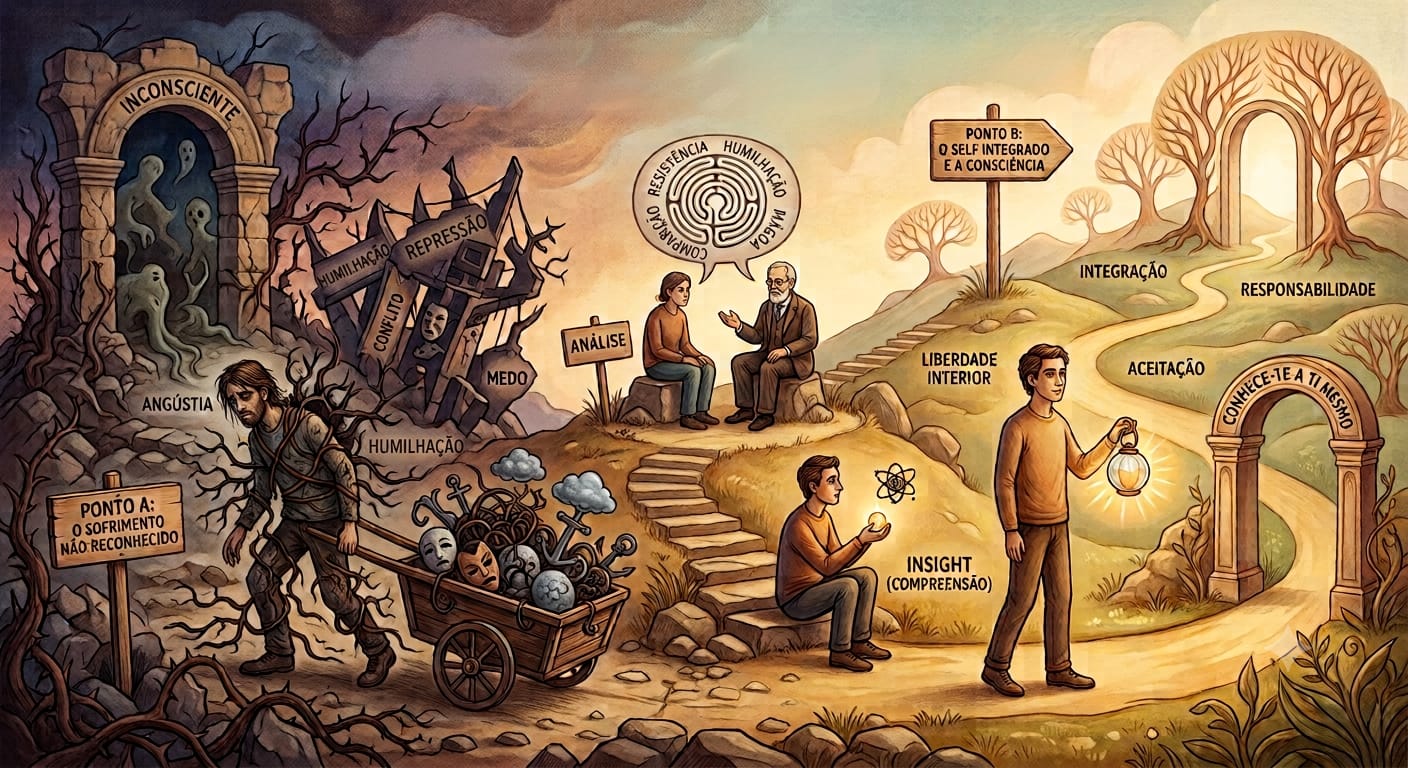Ilustração do percurso da Terapia Transpessoal: do Ponto A — o sofrimento não reconhecido — através da análise e do insight, até ao Ponto B — o self integrado e a consciência.